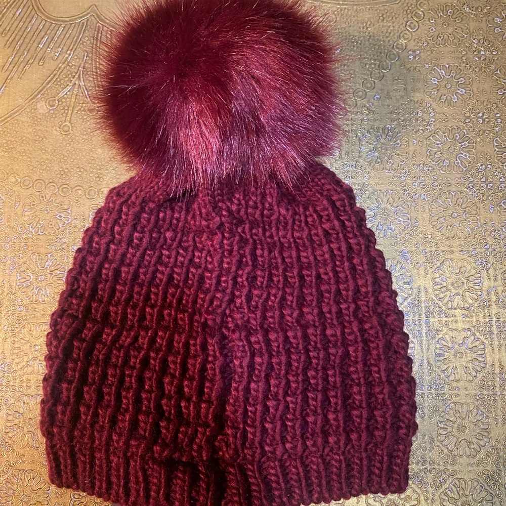 Kyi Kyi Burgundy Knit Beanie with Pom Pom
